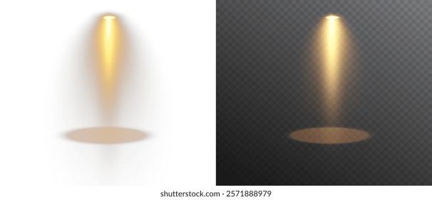 Spotlights set, stage and studio light, realistic lamps. Spot lights and searchlights, projector bright rays. Glow isolated white transparent light effect set.