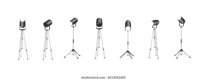 Spotlights set, stage and studio light, realistic hanging lamps. Spot lights and searchlights for concert. Vector