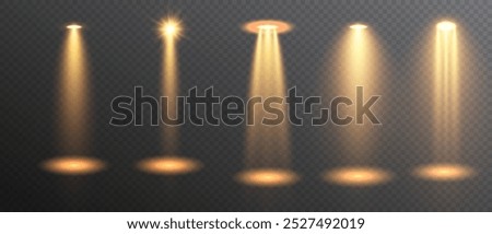 Spotlights set, stage and studio light, realistic lamps. Spot lights and searchlights, projector bright rays. Glow isolated white transparent light effect set.