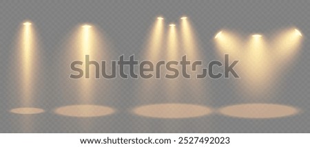 Spotlights set, stage and studio light, realistic lamps. Spot lights and searchlights, projector bright rays. Glow isolated white transparent light effect set.