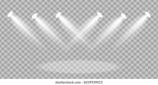 Spotlights shine on a transparent background. Flickering light effect.