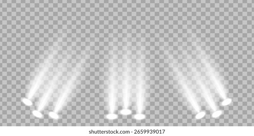 Spotlights shine on a transparent background. Flickering light effect.