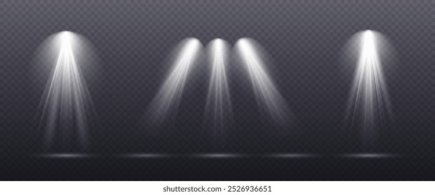 Spotlights shines effect on isolated on transparent background. Concert lighting white color illumination.