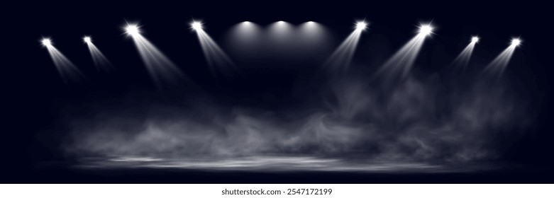  Os holofotes brilham em uma atmosfera escura e nebulosa, criando um dramático efeito de palco ou estádio com feixes de luz penetrando através da névoa. Ideal para temas relacionados a performances, eventos.	