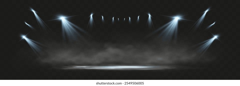 	
Spotlights shining down in a dark, misty atmosphere, creating a dramatic stage or stadium effect with beams of light piercing through the haze. Ideal for themes related to performances, events.	