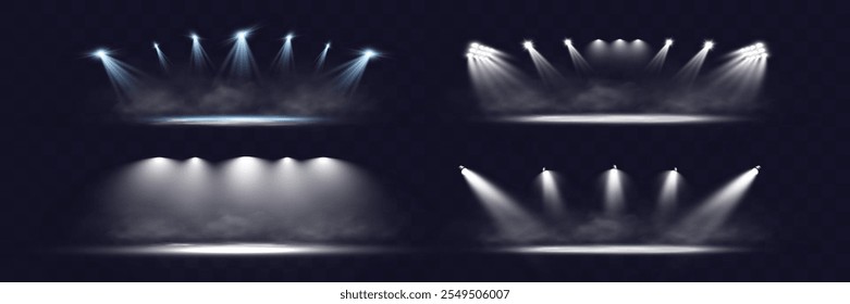 	
Los focos brillan en una atmósfera oscura y brumosa, creando un dramático efecto de escenario o estadio con rayos de luz que atraviesan la neblina. Ideal para temas relacionados con actuaciones, eventos.	