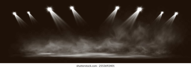 Spotlights shining down in a dark, misty atmosphere, creating a dramatic stage or stadium effect with beams of light piercing through the haze. Ideal for themes related to performances, events.	