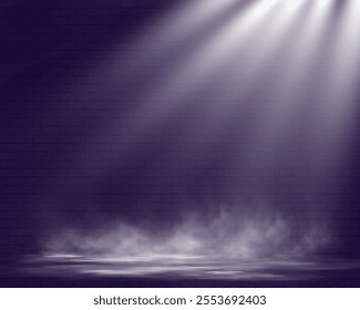 Spotlights shining down in a dark, misty atmosphere, creating a dramatic stage or stadium effect with beams of light piercing through the haze. Ideal for themes related to performances, events.	