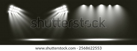 Spotlights shining down in a dark, misty atmosphere, creating a dramatic stage or stadium effect with beams of light piercing through the haze. Ideal for themes related to performances.