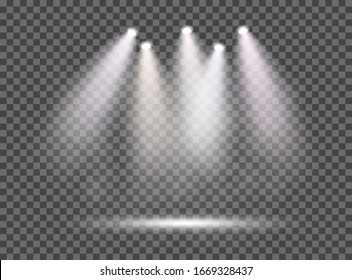 Spotlights with smoke and scene. Transparent isolated vector for your design. Eps.