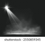 Spotlights with smoky background, dramatic stage lighting effect in dark atmosphere.