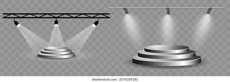 Spotlights for stage and concerts. Set of empty podiums on transparent background. Vector illustration.