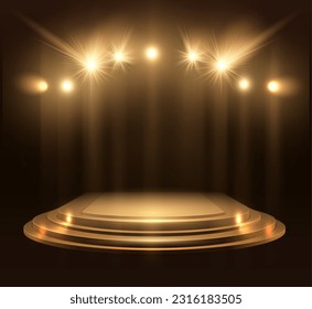 Spotlights With Stage. Gold Light Vector Effect. Round Podium And Light Rays.