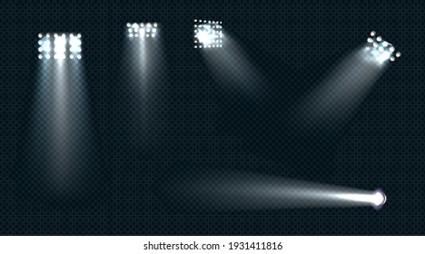 Spotlights, stage light white beams, glowing design elements for studio, stadium or theater scene. Lamps rays for concert, show presentation isolated on transparent background, Realistic 3d vector set
