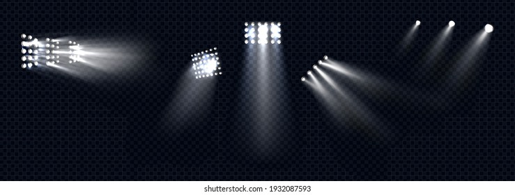 Spotlights, stage light white beams, glowing design elements for studio, stadium or theater scene. Lamps rays for concert, show presentation isolated on transparent background, Realistic 3d vector set