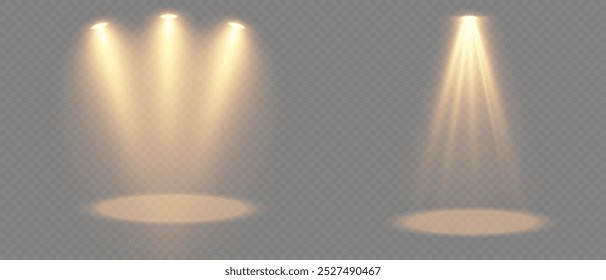 Destaques para palco e apresentações. Ilustração vetorial.
Fontes de luz, iluminação de concerto, luzes de spot. Holofotes de concerto com holofotes iluminados por raio para web design.