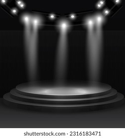 Spotlights With Stage. Scene with lights and beams. Round Podium And Light Rays.