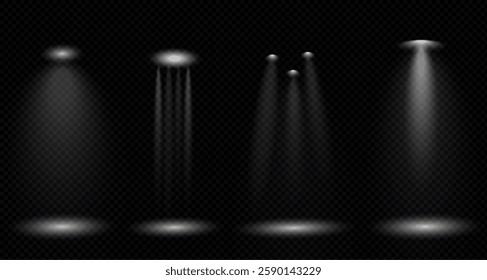 spotlights, stage and studio lights, realistic lamps, spotlights and floodlights and bright beam projector. glow effect with white, golden transparent light. PNG