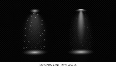 spotlights, stage and studio lights, realistic lamps, spotlights and floodlights and bright beam projector. glow effect with white, golden transparent light. PNG