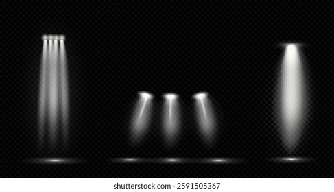 spotlights, stage and studio lights, realistic lamps, spotlights and floodlights and bright beam projector. glow effect with white, golden transparent light. PNG