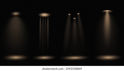 spotlights, stage and studio lights, realistic lamps, spotlights and floodlights and bright beam projector. glow effect with white, golden transparent light. PNG
