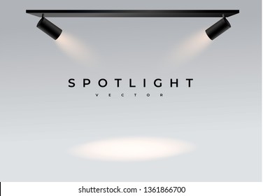 Spotlights with white light collection isolated on transparent background. Spotlight for show, bright beam from projector, vector illustration