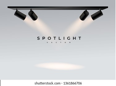 Spotlights with white light collection isolated on transparent background. Spotlight for show, bright beam from projector, vector illustration