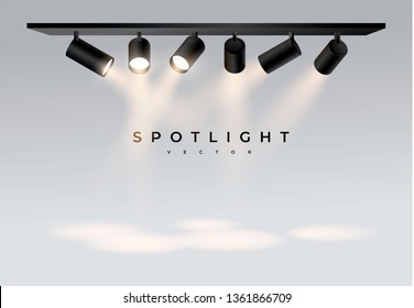 Spotlights with white light collection isolated on transparent background. Spotlight for show, bright beam from projector, vector illustration