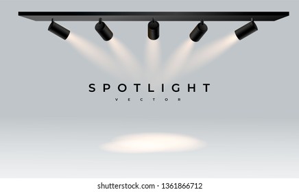 Spotlights with white light collection isolated on transparent background. Spotlight for show, bright beam from projector, vector illustration