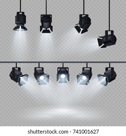 Spotlights with white light collection isolated on transparent background. Spotlight for show, bright beam from projector, vector illustration