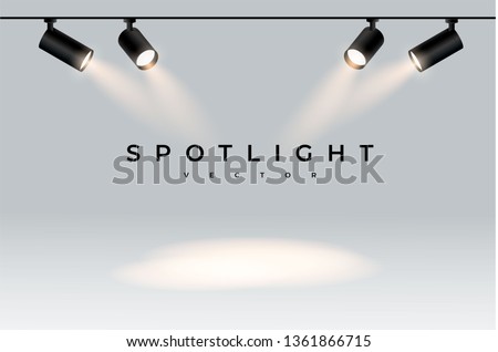 Spotlights with white light collection isolated on transparent background. Spotlight for show, bright beam from projector, vector illustration