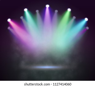 Spotligts With Different Colors Rays On Dark Background, vector