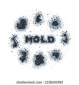Los puntos de moho negro sobre un fondo blanco dispuestos en círculo. Humedad en el cuarto de baño. Las esporas de moho tóxico, los hongos y las bacterias son un peligro para la salud. Medios para combatir hongos y bacterias peligrosos. 