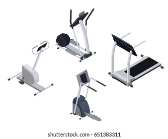 Spots cardio isometric equipment set with elliptical machine, stepper, bicycle, treadmill infographic fitness vector illustration