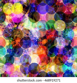 Spots, circles, wavy lines. It looks like smoke and confetti. Abstract seamless vector pattern. Colorful background. Watercolor effect and blur.