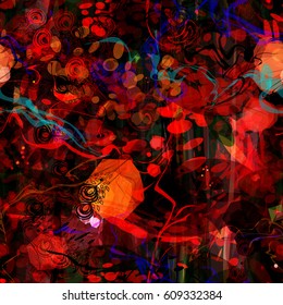 Spots, curves stripes and stylized elements. Red color with blue inclusion. Abstract seamless texture
