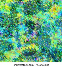 Spots of different shapes and sizes. Yellow, blue, green. Abstract vector seamless pattern.