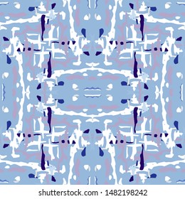 Spots, Ikat. Tie Dye, Batik. Seamless Pattern.  Geometric Surface. Hand Drawn Painted.  Blue Cyan Summer Traditional Geo Canvas.  Watercolor Natural Shibori Art.