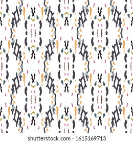 Spots, Ikat. Tie Dye, Batik. Seamless Pattern.  Geometric Surface. Hand Drawn Painted.  Brown Ochre Traditional Ethnic Folk Textile.  Staining Natural Ikat  Motif.