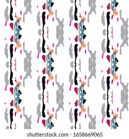 Spots, Ikat. Tie Dye, Batik. Seamless Pattern.  Geometric Surface. Hand Drawn Painted.  Rose Gray Ethnic Old Tribal Canvas.  Ornamental Woven Tie dye Surface.
