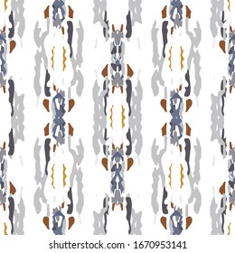 Spots, Ikat. Tie Dye, Batik. Seamless Pattern.  Geometric Surface. Hand Drawn Painted.  Gray Yellow Folk Traditional Old Cloth.  Watercolor Medallion Shibori Texture.