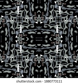 Spots, Ikat. Tie Dye, Batik. Seamless Pattern.  Geometric Surface. Hand Drawn Painted.  Black Gray Folklore Tribal Ancient Textile.  Woven Watercolor Tie dye Pattern.