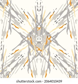 Lugares, Ikat. Cielo, Batik. Patrón sin inconvenientes. Superficie geométrica. Mano Dibujada Pintada. Diseño de tejido de Shibori Tribal. Viejo Folclore Gris Amarillo Textil. Patrón de tinte de tejas trenzadas con geometría tradicional.
