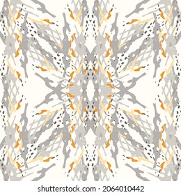 Spots, Ikat. Tie Dye, Batik. Seamless Pattern. Geometric Surface. Hand Drawn Painted. Tribal Shibori Fabric Design. Gray Yellow Folk Old Folklore Textile. Traditional Geometry Woven Tie dye Pattern.
