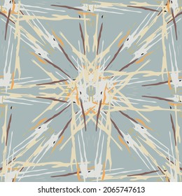 Spots, Ikat. Tie Dye, Batik. Nahtloses Muster. Geometrische Oberfläche. Handgezeichnet gestrichen. Tribal Shibori Fabric Design. Graugelbe Folklore Textil. Traditionelle Geometry Woven Tie Farbmuster.