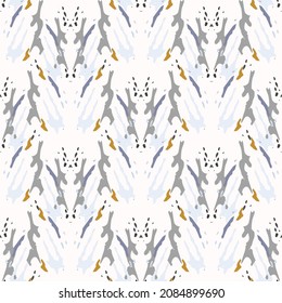 Spots, Ikat. Tie Dye, Batik. Seamless Pattern. Geometric Surface. Hand Drawn Painted. Tribal Shibori Fabric Design. Gray Yellow Folk Old Folklore Textile. Traditional Geometry Woven Tie dye Pattern.
