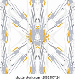 Spots, Ikat. Tie Dye, Batik. Seamless Pattern. Geometric Surface. Hand Drawn Painted. Tribal Shibori Fabric Design. Gray Yellow Folk Old Folklore Textile. Traditional Geometry Woven Tie dye Pattern.