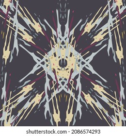 Spots, Ikat. Tie Dye, Batik. Seamless Pattern. Geometric Surface. Hand Drawn Painted. Tribal Shibori Fabric Design. Gray Yellow Folk Old Folklore Textile. Traditional Geometry Woven Tie dye Pattern.