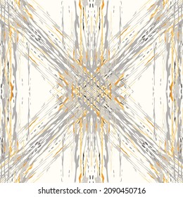 Lugares, Ikat. Cielo, Batik. Patrón sin inconvenientes. Superficie geométrica. Mano Dibujada Pintada. Diseño de tejido de Shibori Tribal. Viejo Folclore Gris Amarillo Textil. Patrón de tinte de tejas trenzadas con geometría tradicional.