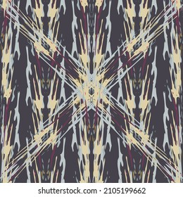 Spots, Ikat. Tie Dye, Batik. Seamless Pattern. Geometric Surface. Hand Drawn Painted. Tribal Shibori Fabric Design. Gray Yellow Folk Old Folklore Textile. Traditional Geometry Woven Tie dye Pattern.